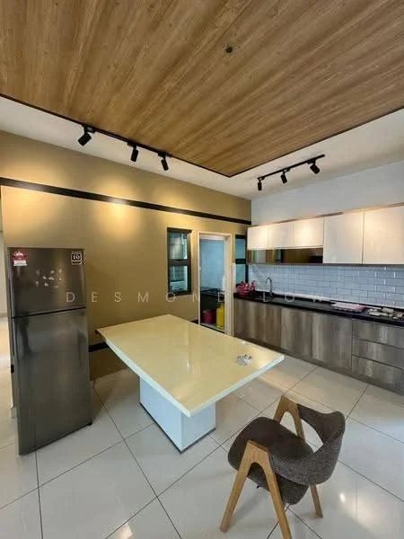 Kitchen features: stainless-steel fridge, white countertop, wooden cabinetry, grey lower cabinets, white backsplash with tile pattern, built-in oven, 4-burner gas hob, single-bowl stainless-steel sink, chrome pull-down faucet, pendant lighting, recessed downlights, open shelving, dining table with white surface, wooden chair; style: modern.