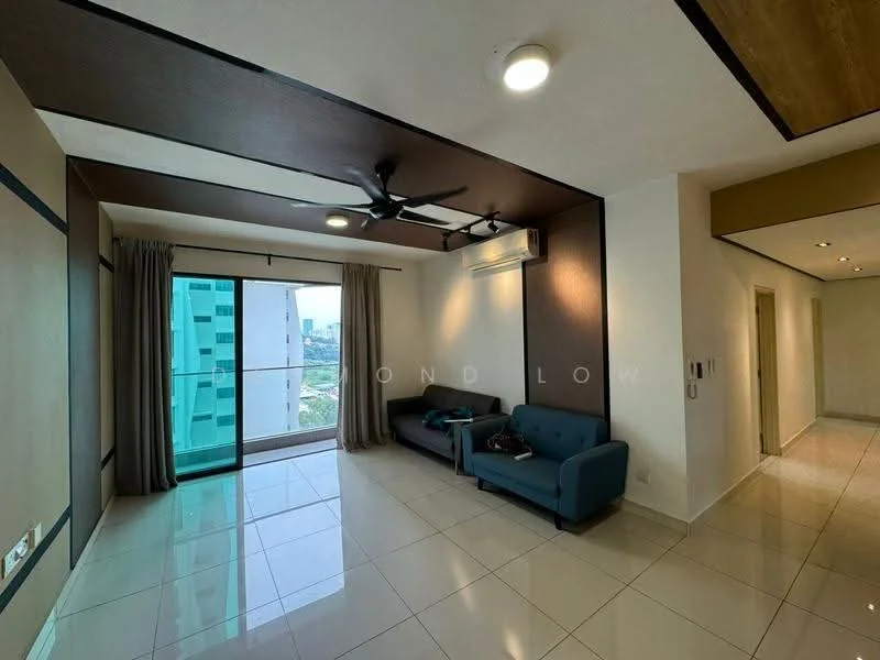 Living features: floor-to-ceiling windows, grey fabric sofa, 5-blade ceiling fan with light, recessed downlights, cream painted walls, dark wood accent wall, white tiled flooring, curtains, air conditioning unit; style: modern; view: city.