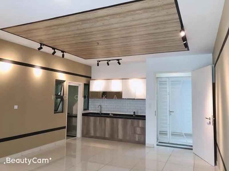 Kitchen features: white cabinets, wooden countertop, black backsplash, stainless-steel sink, chrome pull-down faucet, built-in oven, freestanding range oven, recessed LED downlights, tile flooring, cream painted walls, wood panel ceiling, sliding glass door, window with green view; style: modern; view: garden.