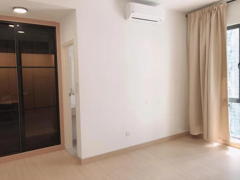 Room features: light wood flooring, white painted walls, ceiling-mounted air conditioning unit, floor-to-ceiling windows, sheer curtains, built-in wardrobe with glass doors, recessed ceiling lights; style: modern.