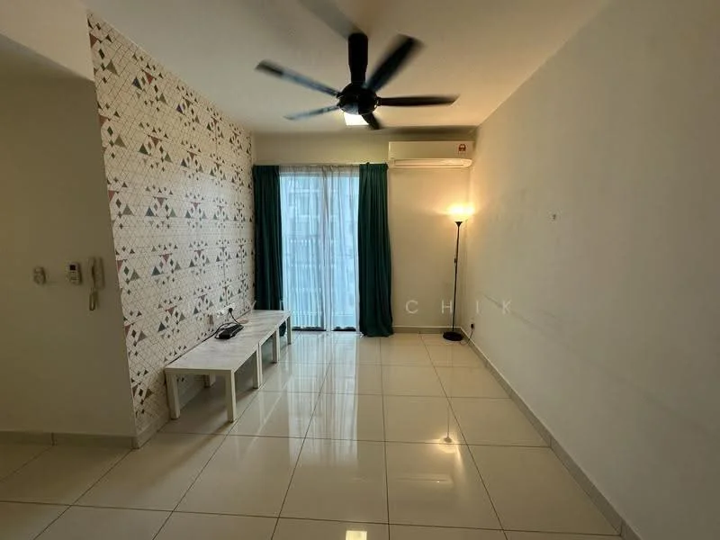 Living features: white painted walls, geometric patterned accent wall, glossy ceramic tile flooring, 5-blade ceiling fan, floor-to-ceiling windows, green curtains, standing floor lamp, coffee table; style: modern.