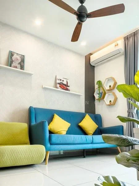 Living features: blue fabric sofa with yellow cushions, green fabric armchair, white walls with textured pattern, recessed LED downlights, wall-mounted air conditioning unit, floating shelves, decorative wall art, hexagonal wall decor, ceramic tile flooring, indoor plants; style: modern.