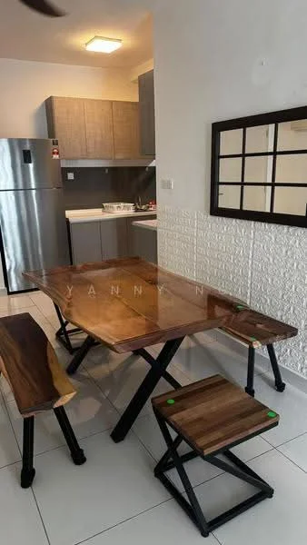 Dining features: wood dining table with natural finish, black metal legs on dining table, two wooden benches with black metal legs, white tiled flooring, grey kitchen cabinetry, stainless-steel fridge, built-in kitchen with countertop, white backsplash, wall-mounted mirror with grid design, recessed ceiling light; style: modern.