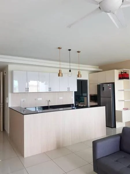 Kitchen features: island kitchen with black countertop, white upper cabinets, light wood lower cabinets, stainless-steel fridge, built-in microwave, pendant lighting, ceramic tile flooring, 5-blade ceiling fan, open shelving, sink, chrome pull-down faucet; style: modern.