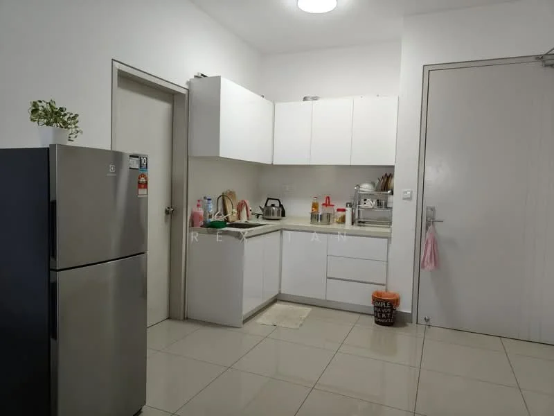Kitchen features: white cabinetry, stainless-steel fridge, single-bowl stainless-steel sink, chrome pull-down faucet, white countertop, built-in microwave, freestanding range oven, tile backsplash, ceramic tile flooring, recessed ceiling light, wall-mounted cabinet, open shelving, kitchen utensils, dish soap dispenser, kitchen mat; style: modern.