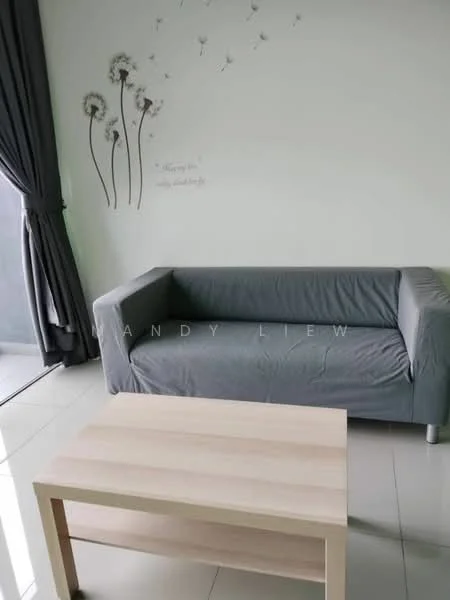 Living features: grey fabric sofa, light wood coffee table, white painted walls, large window with sheer curtains, tile flooring, decorative wall decals of dandelions, dark grey curtains; style: modern.