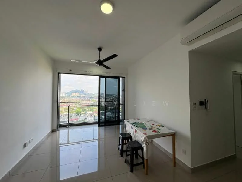 Living features: floor-to-ceiling windows, sliding glass door, city view, white painted walls, polished ceramic tile flooring, 5-blade ceiling fan, dining table, 2 black chairs, air conditioning unit, light fixture; style: modern; view: city.