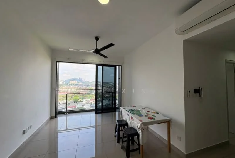 Living features: white painted walls, glossy ceramic tile flooring, 5-blade ceiling fan with light, floor-to-ceiling sliding glass door, blackout curtains, dining table with chairs, city view, air conditioning unit; style: modern; view: city.