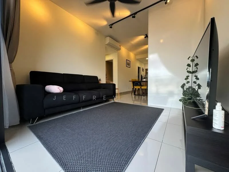 Living features: black fabric sofa, area rug with geometric pattern, wall-mounted TV, TV console, recessed downlights, ceiling fan, white painted walls, glossy tile flooring, large window with sheer curtains, decorative plant, dining area visible in background, open layout; style: modern.