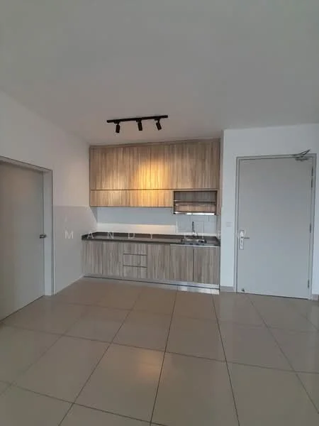 Kitchen features: laminate cabinetry in light wood finish, black countertop, stainless-steel sink, chrome pull-down faucet, built-in oven, 4-burner gas hob, tile backsplash, track lighting, ceramic tile flooring, white walls, sliding door to hallway; style: modern.