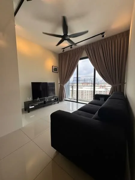 Living features: black fabric sofa, wall-mounted TV, TV console, floor-to-ceiling windows, sheer curtains, 5-blade ceiling fan with light, recessed downlights, glossy tile flooring, city view; style: modern; view: city.