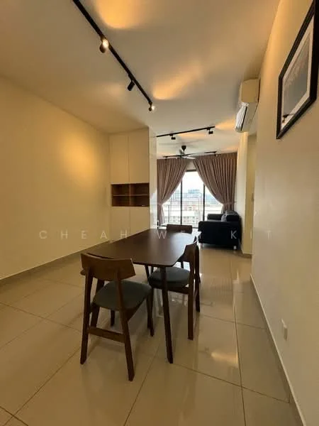 Dining features: dining table, 4 wooden dining chairs, white painted walls, tile flooring, recessed downlights, floor-to-ceiling windows, curtains, air conditioning unit, sofa in background, open layout; style: modern; view: city.