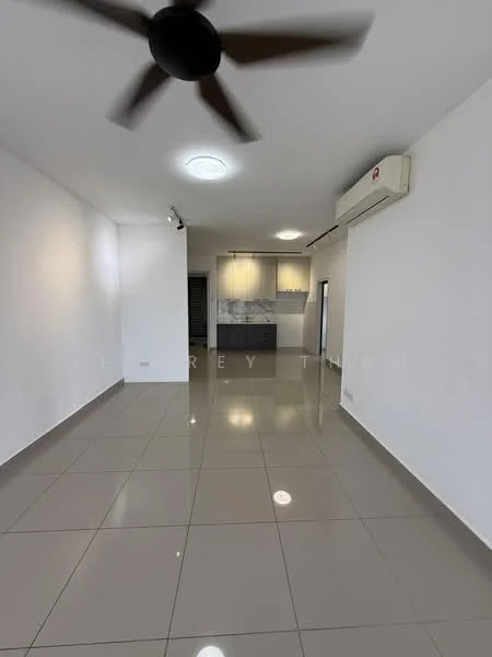 Living features: white painted walls, glossy grey floor tiles, 5-blade ceiling fan with light, wall-mounted split AC, recessed downlights, open layout, large windows, neutral decor; style: modern. Kitchen features: kitchen cabinetry, countertop, stainless-steel sink, built-in appliances; style: modern.