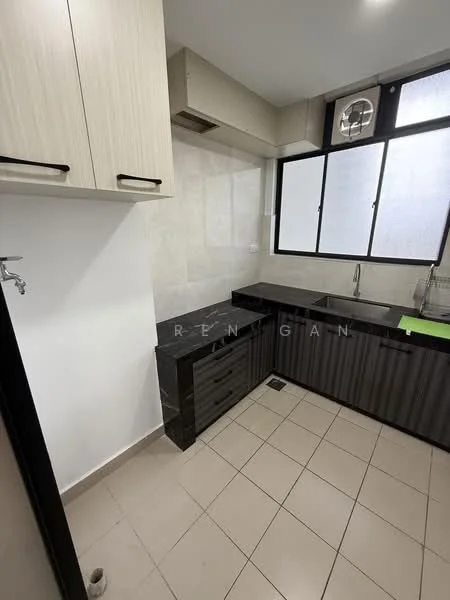 Kitchen features: black granite countertop, stainless-steel sink, chrome pull-down faucet, wood cabinetry in light color, dark cabinetry with horizontal grooves, tile backsplash, ceramic tile flooring, floor-to-ceiling windows, built-in oven, extraction hood, under-cabinet lighting; style: modern.
