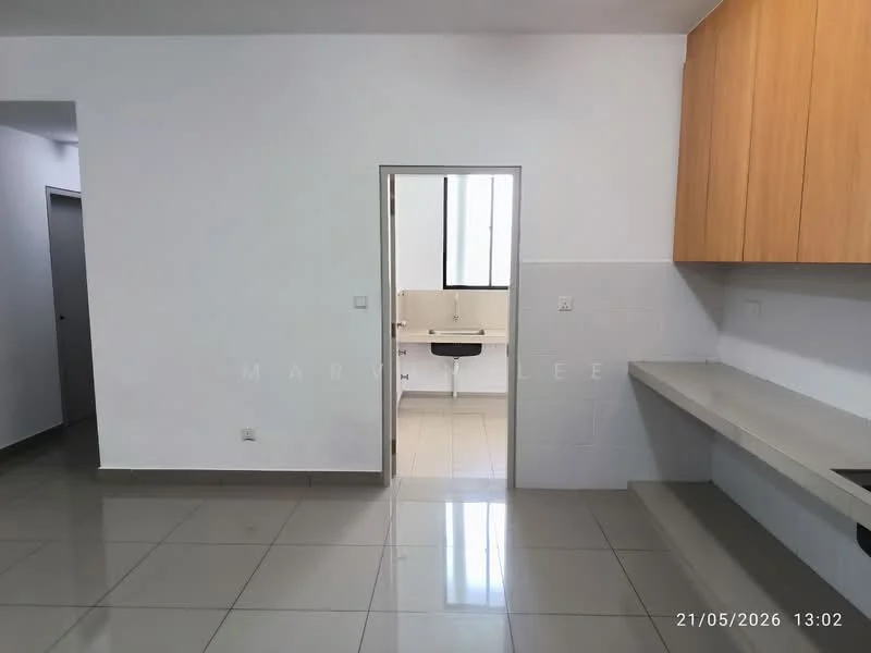 Kitchen features: white painted walls, grey floor tiles, light wood cabinetry, countertop with backsplash, single-bowl stainless-steel sink, built-in stove, open layout, window for natural light; style: modern. Room features: white painted walls, grey floor tiles, doorway leading to another room, window for natural light.