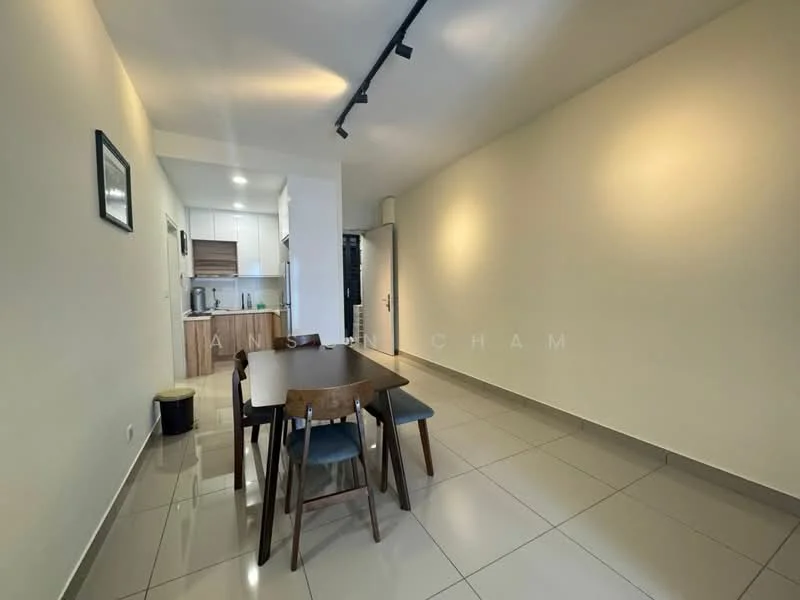 Dining features: dining table with four wooden chairs, white painted walls, grey tiled flooring, recessed LED downlights, open layout to kitchen, kitchen cabinetry visible in background, doorway leading to hallway, natural light from windows; style: modern.