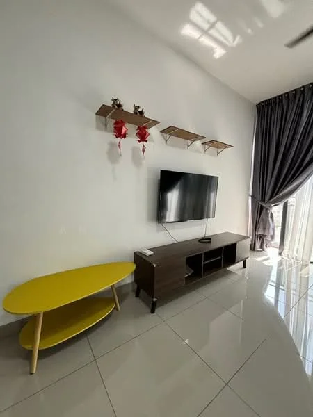 Living features: white painted walls, glossy tile flooring, ceiling fan, wall-mounted TV, wooden TV console, yellow coffee table, floating shelves, curtains, natural light from windows; style: modern.