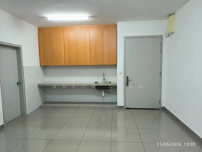 Kitchen features: wooden cabinetry, grey countertop, single-bowl stainless-steel sink, chrome pull-down faucet, wall-mounted air conditioning unit, grey tiled flooring, white painted walls, fluorescent ceiling lights; style: modern.