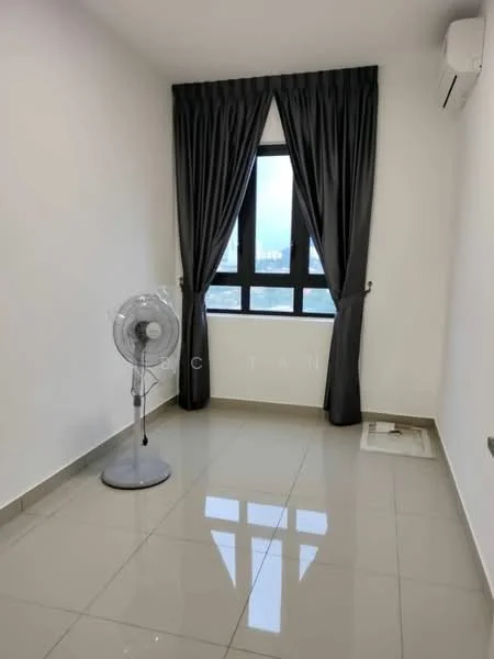 Room features: grey tiled flooring, white painted walls, floor-to-ceiling window, black curtains, wall-mounted split AC, standing fan; style: modern; view: city.