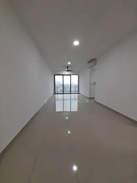 Room features: white painted walls, polished ceramic tile flooring, 5-blade ceiling fan with light, floor-to-ceiling windows, sliding glass door, air conditioning unit, natural light from windows; style: modern; view: city.