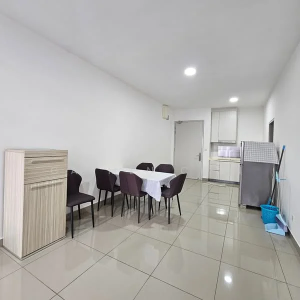 Dining features: white painted walls, glossy ceramic tile flooring, dining table with white tablecloth, 4 upholstered dining chairs in dark fabric, built-in cabinet with wood finish, refrigerator, door leading to kitchen, cleaning supplies visible, bright overhead lighting; style: modern.