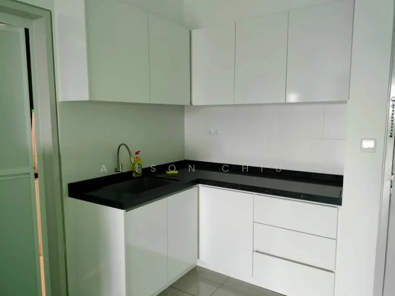 Kitchen features: white cabinetry, black granite countertop, single-bowl stainless-steel sink, chrome pull-down faucet, white tiled backsplash, ceramic tile flooring, built-in cabinets, under-cabinet lighting; style: modern.