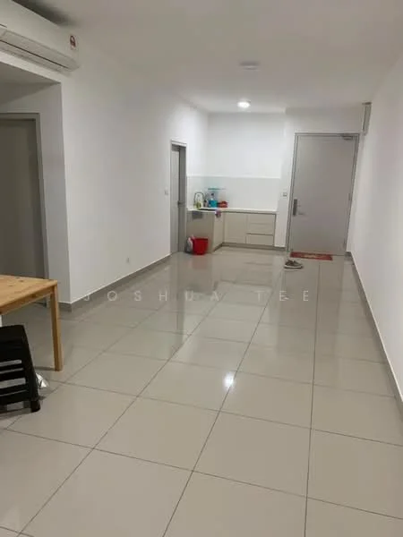 Room features: white painted walls, glossy ceramic tile flooring, recessed downlights, wall-mounted split AC, kitchen cabinetry with countertop, sink, kitchen appliances visible, dining table, black chair, door leading to another room, open space layout; style: modern.