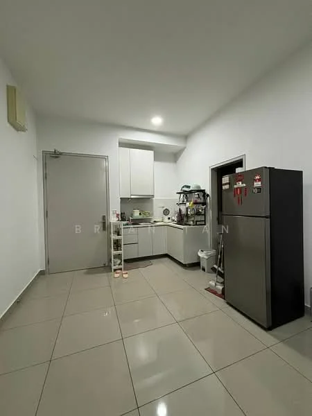 Kitchen features: white cabinets, stainless-steel fridge, grey tiled flooring, white walls, recessed downlights, single-bowl stainless-steel sink, chrome pull-down faucet, countertop with storage, built-in oven, microwave, open shelving, kitchen utensils on countertop; style: modern.