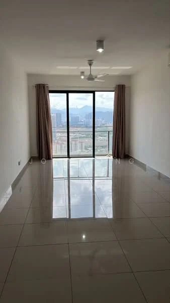 Living features: large floor-to-ceiling windows, sliding glass door, white painted walls, polished ceramic tile flooring, 5-blade ceiling fan with light, curtains, city skyline view, recessed downlights; style: modern; view: city.