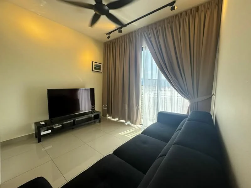 Living features: black fabric sofa, flat-screen TV on stand, light-colored walls, large windows with sheer curtains, recessed lighting, ceiling fan, glossy tile flooring, decorative wall art; style: modern; view: city.