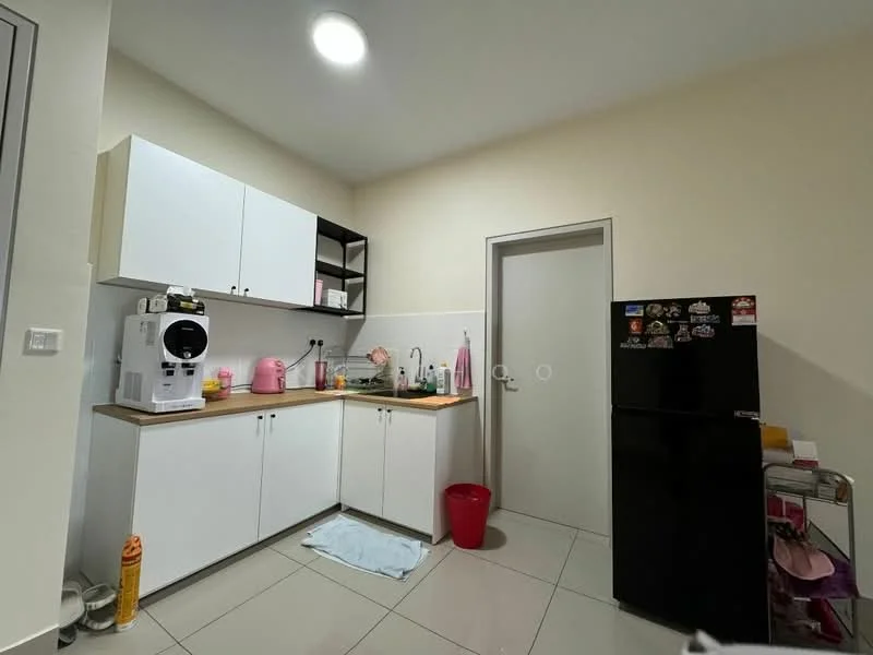 Kitchen features: white shaker cabinets, wood countertop, stainless-steel sink, chrome pull-down faucet, built-in microwave, black fridge, tile flooring, recessed ceiling light, wall-mounted shelves, pink plastic bin, kitchen towel, various kitchen appliances, decorative magnets on fridge; style: modern.