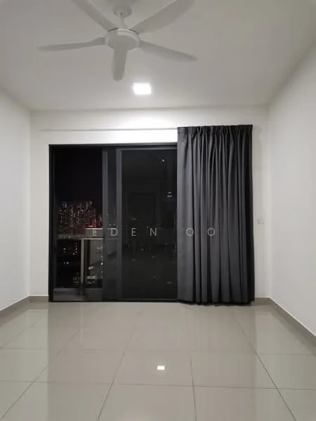 Room features: white painted walls, glossy tile flooring, floor-to-ceiling sliding glass door, blackout curtains, ceiling fan with light, city skyline view; style: modern; view: city.