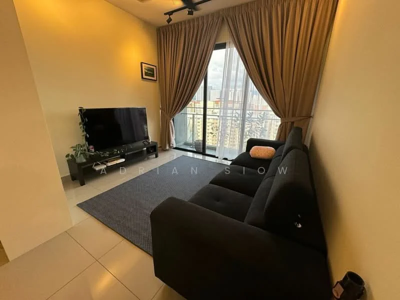 Living features: black fabric sofa, area rug with geometric pattern, wall-mounted TV, TV console, floor-to-ceiling windows, curtains, light-colored walls, recessed downlights, sliding glass door, balcony view; style: modern; view: city.