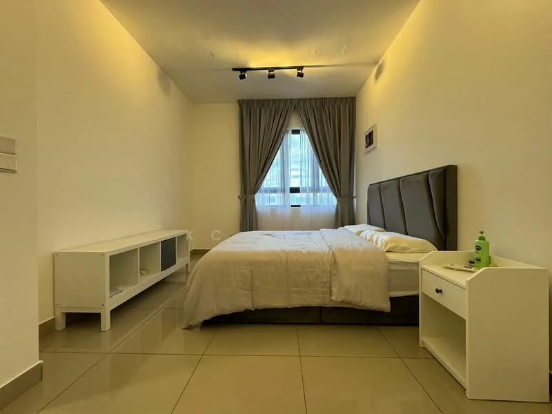 Bedroom features: queen-size bed with upholstered headboard, white bedding, white bedside table, white console table, floor-to-ceiling window, curtains in grey, recessed lighting, polished tile flooring, neutral wall color; style: modern; view: city.