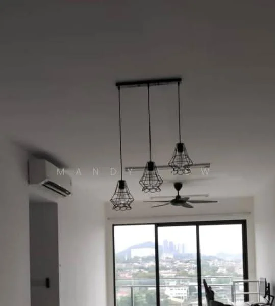 Room features: 3 pendant lights with wire cages, 1 ceiling fan, 1 wall-mounted split AC, floor-to-ceiling windows, city skyline view; style: modern; view: city.