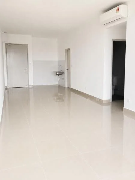 Room features: white painted walls, glossy beige tile flooring, 1 wall-mounted split AC, door leading to bathroom, door leading to another room, sink with faucet, neutral color scheme, open layout; style: modern.