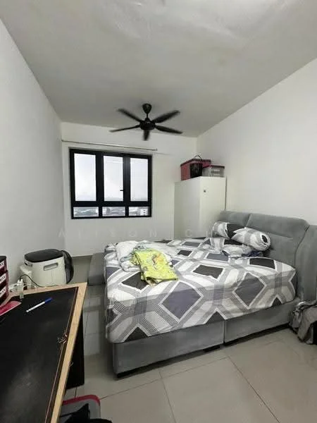 Bedroom features: queen-size bed with grey upholstered headboard, bedding with geometric pattern, 2 bedside pillows, ceiling fan with light, floor-to-ceiling windows, white painted walls, light grey tiled flooring, white wardrobe, study desk with black surface, rice cooker on desk; style: modern; view: city.