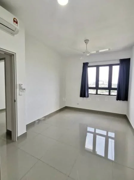 Room features: white painted walls, grey tile flooring, ceiling fan, floor-to-ceiling windows, blackout curtains, 1 wall-mounted split AC, light fixture, window view; style: modern; view: city.