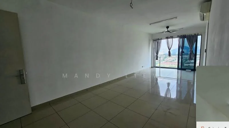 Living features: white painted walls, glossy tile flooring, 5-blade ceiling fan, floor-to-ceiling windows, sliding glass door, curtains, air conditioning unit, balcony access; style: modern; view: city.
