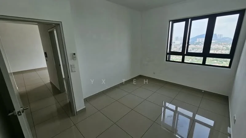 Room features: white painted walls, grey tiled flooring, floor-to-ceiling windows, city view, no visible furniture, single light fixture, corner room, neutral color scheme; style: modern; view: city.