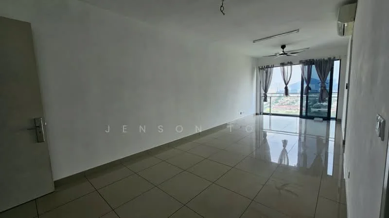 Living features: white painted walls, glossy ceramic tile flooring, 5-blade ceiling fan, floor-to-ceiling windows, sliding glass door, sheer curtains, balcony access, air conditioning unit; style: modern; view: city.