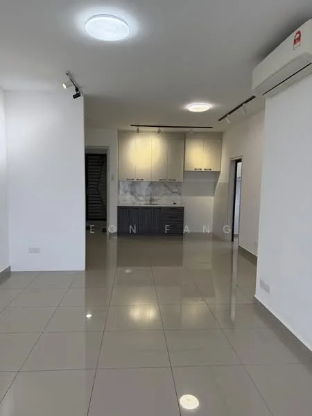 Kitchen features: white painted walls, grey tiled flooring, marble countertop, white cabinetry, stainless-steel sink, chrome pull-down faucet, recessed downlights, air conditioning unit, open layout, sliding glass door, kitchen island; style: modern.