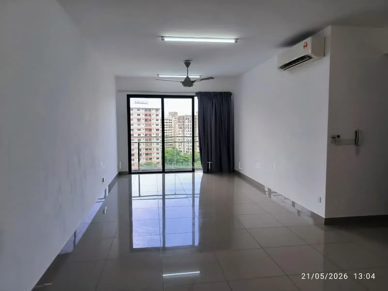 Living features: white painted walls, glossy ceramic tile flooring, 5-blade ceiling fan with light, wall-mounted split AC, floor-to-ceiling windows, sliding glass door, grey curtains, city view; style: modern; view: city.