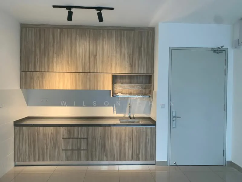 Kitchen features: wood cabinetry with a natural finish, black countertop, single-bowl stainless-steel sink, chrome pull-down faucet, wall-mounted dish rack, recessed lighting, ceramic tile flooring, white painted walls, door leading to another room; style: modern.