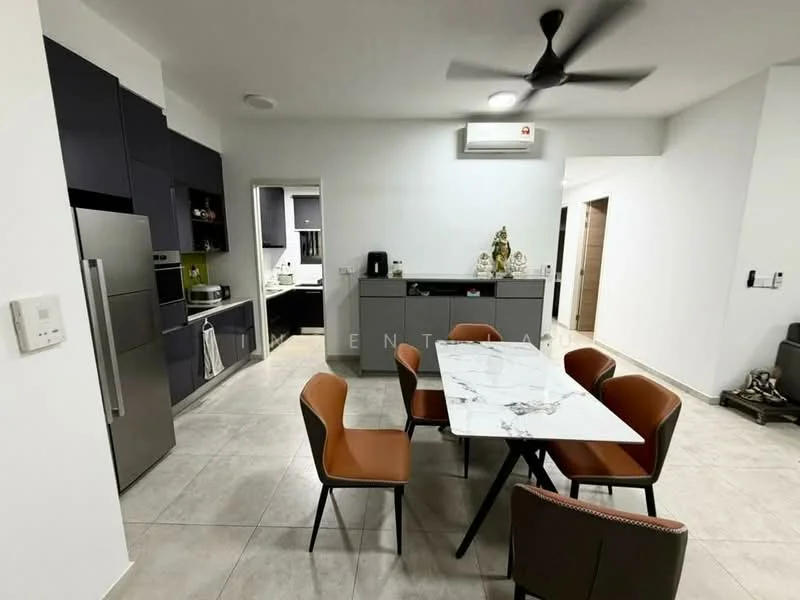 Kitchen features: grey cabinetry, white marble dining table, brown upholstered dining chairs, stainless-steel fridge, built-in microwave, freestanding range oven, black countertop, wall-mounted split AC, tile flooring, ceiling fan, open layout, kitchen island, decorative items on countertop; style: modern.
