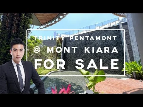 Exterior type: high-rise condominium; features: waterfall feature, landscaped garden, tropical plants, stone-paved walkway, outdoor seating area, modern architectural design, glass railing, wooden deck, surrounding greenery; style: modern.