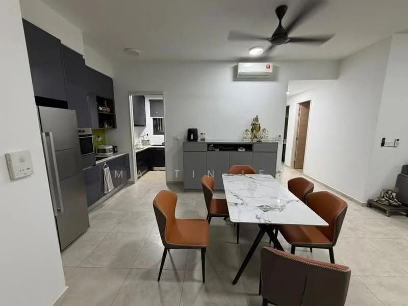 Dining features: marble dining table, 6 upholstered dining chairs in brown, wall-mounted split AC, light grey tiled flooring, white painted walls, ceiling fan, open layout to kitchen, decorative wall art; style: modern. Kitchen features: grey cabinetry, stainless-steel fridge, microwave, built-in oven, ceramic cooktop, white backsplash, countertop with overhang, kitchen island, light grey tiled flooring; style: modern.