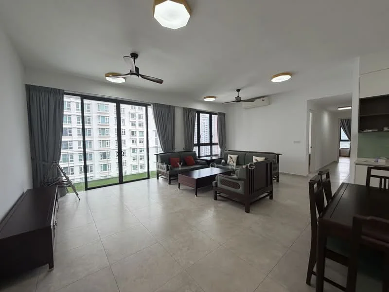 Living features: floor-to-ceiling windows, sliding glass door, 2 ceiling fans, 3-seater fabric sofa in dark grey, 2-seater fabric sofa in light grey, coffee table, TV console, dining table with 4 chairs, decorative cushions, tile flooring, curtains, wall-mounted air conditioning unit; style: modern; view: garden.