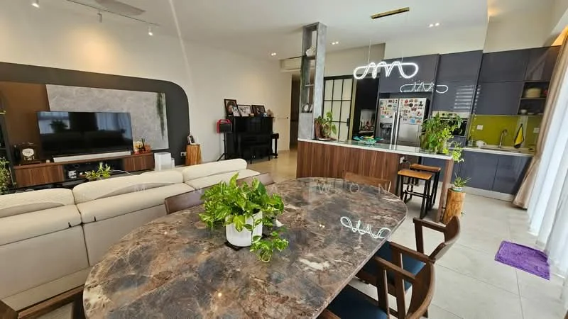Dining features: round dining table with marble top, upholstered dining chairs, indoor plants in ceramic pots, large windows with sheer curtains, open layout to kitchen and living area, decorative wall art, light-colored tiled flooring, recessed downlights; style: modern. Living features: 3-seater fabric sofa in light color, TV console with wall-mounted TV, piano in corner, wooden shelving unit, decorative items on shelves, light-colored walls, open layout to dining area, large windows with sheer curtains; style: modern. Kitchen features: stainless-steel fridge, built-in oven, kitchen island with bar seating, wood cabinetry, open shelving, countertop with plants, modern appliances, light-colored tiled flooring; style: modern.