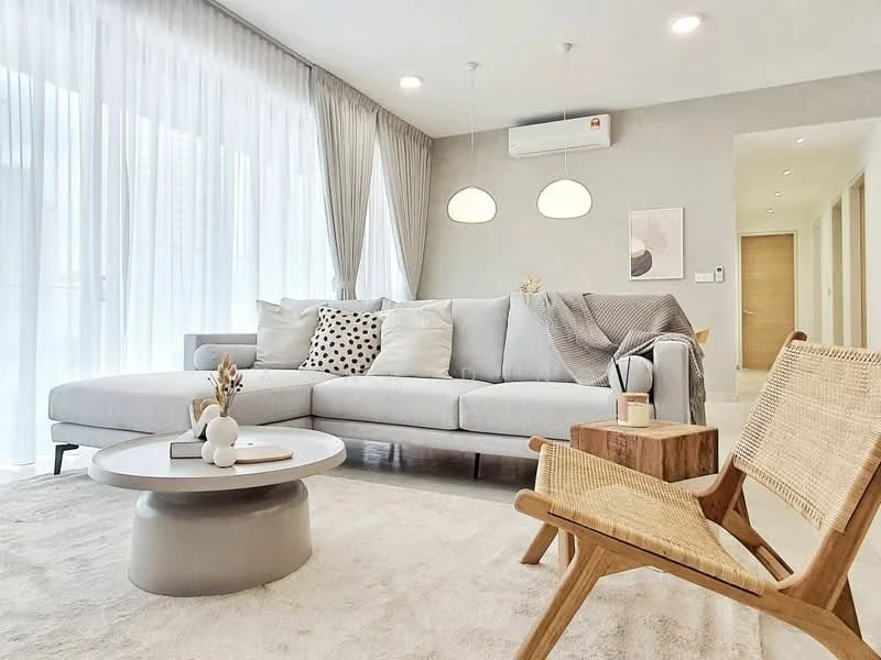 Living features: L-shape sectional sofa in light grey fabric, decorative throw pillows in black and white patterns, round coffee table with a light grey base, wooden accent chair with woven seat, area rug in neutral tones, floor-to-ceiling windows with sheer curtains, recessed downlights, wall-mounted split AC unit, framed artwork on the wall, light fixtures with a modern design; style: modern.
